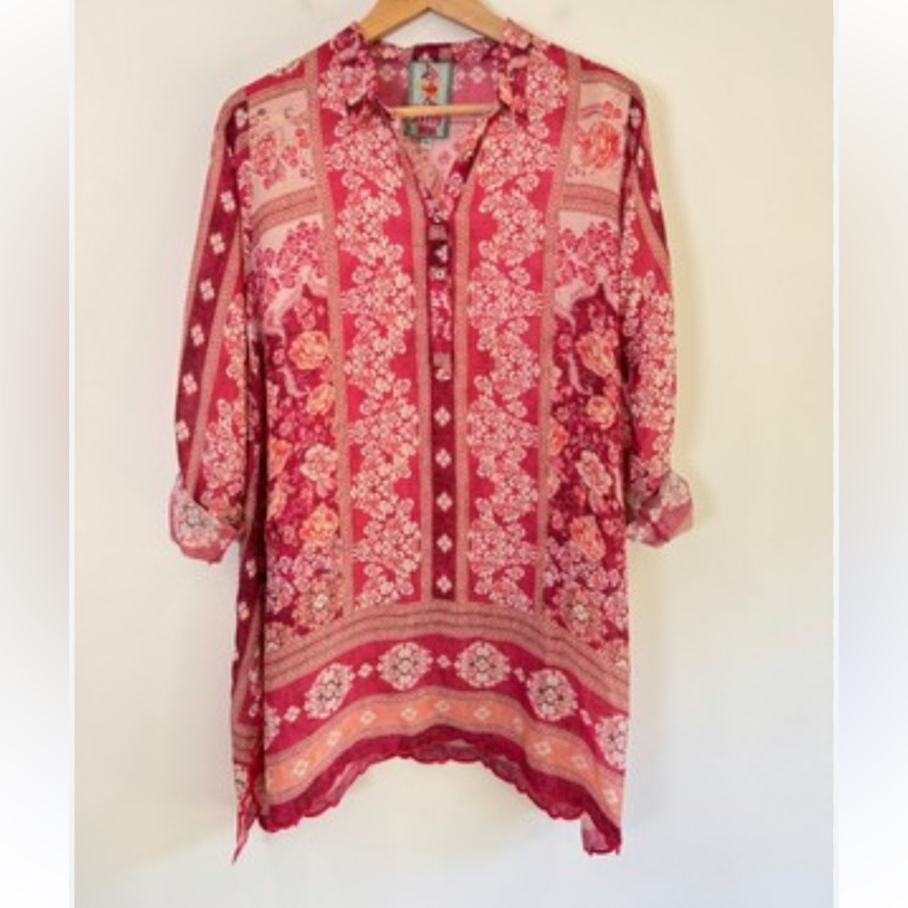 Johnny Was Red Floral Tunic Top